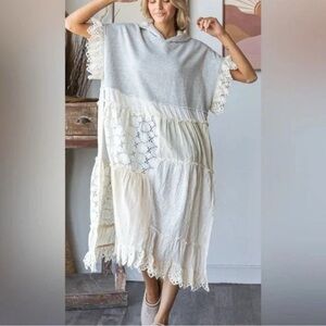 Oli & Hali Gray and Cream Patchwork Midi Dress tunic eyelet lace detail